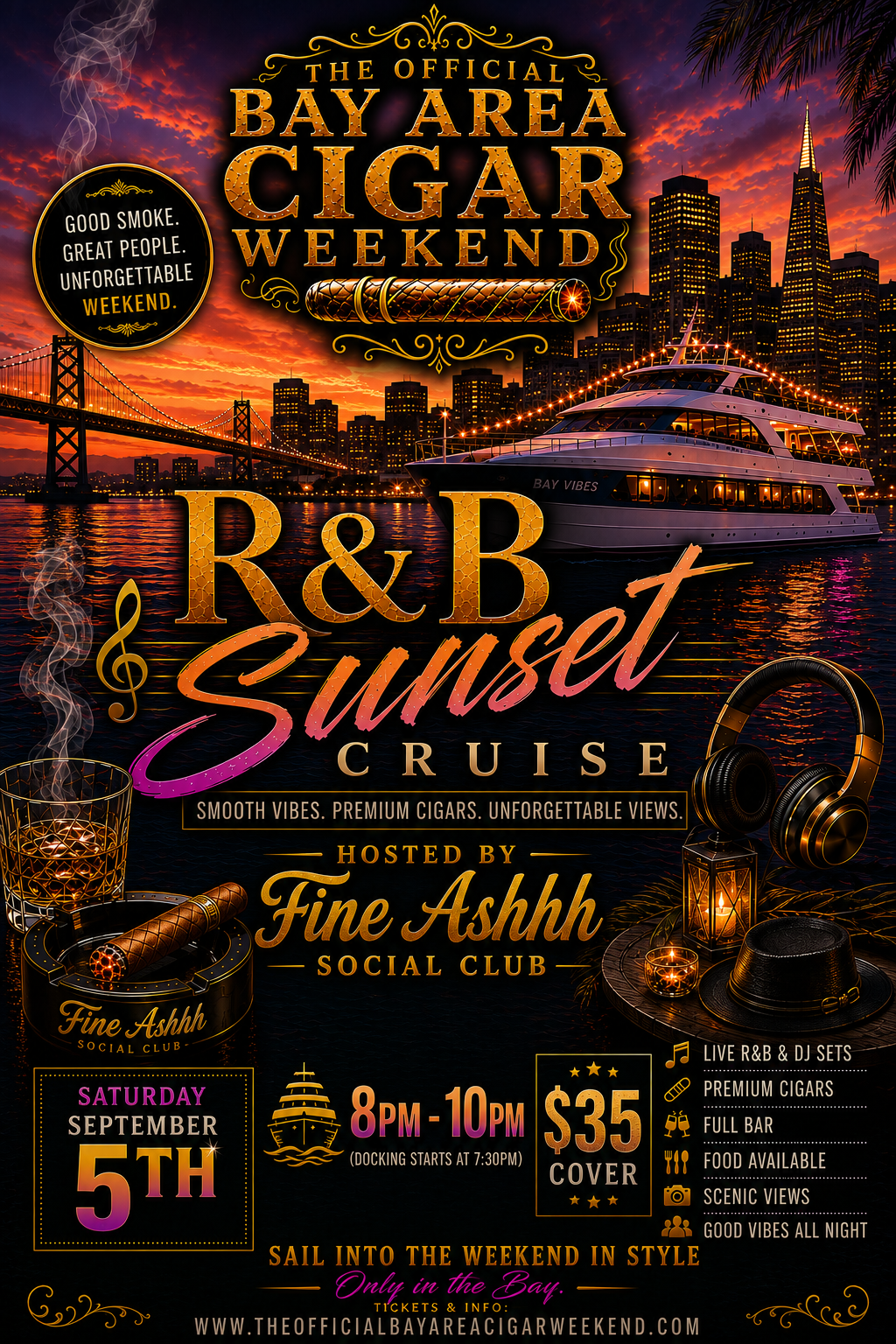 R&B Sunset Cruise — Friday September 4, 8PM–10PM, hosted by Fine Ashhh Cigar Lounge