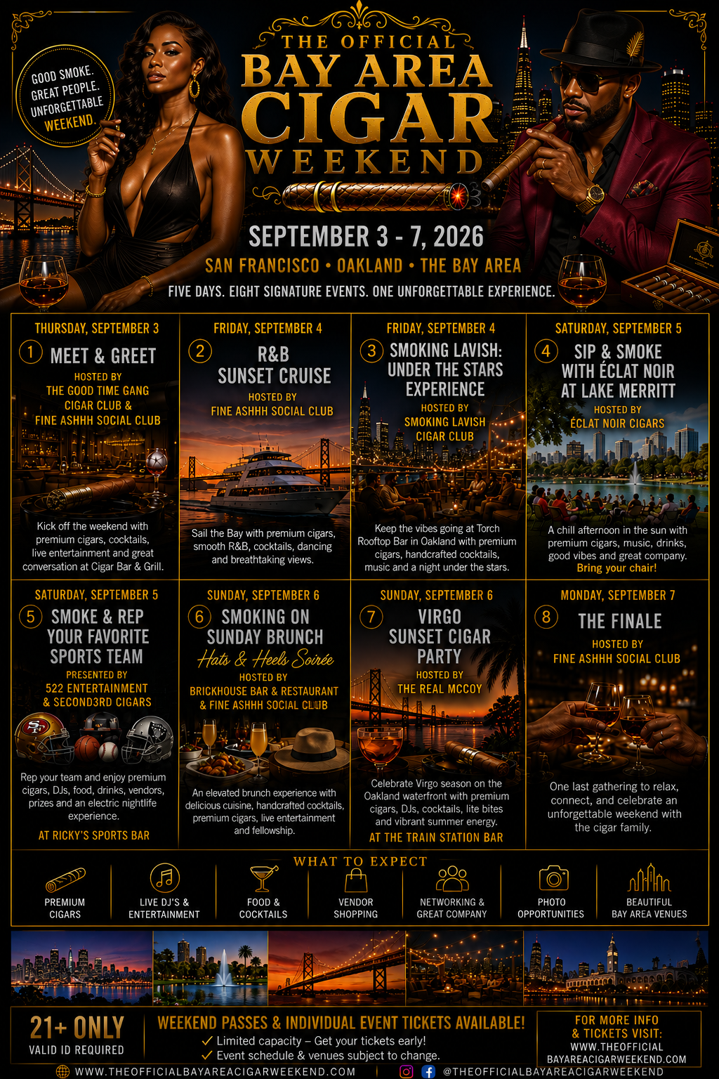 The Official Bay Area Cigar Weekend 2026 — full itinerary showing all events Thursday September 3 through Monday September 7