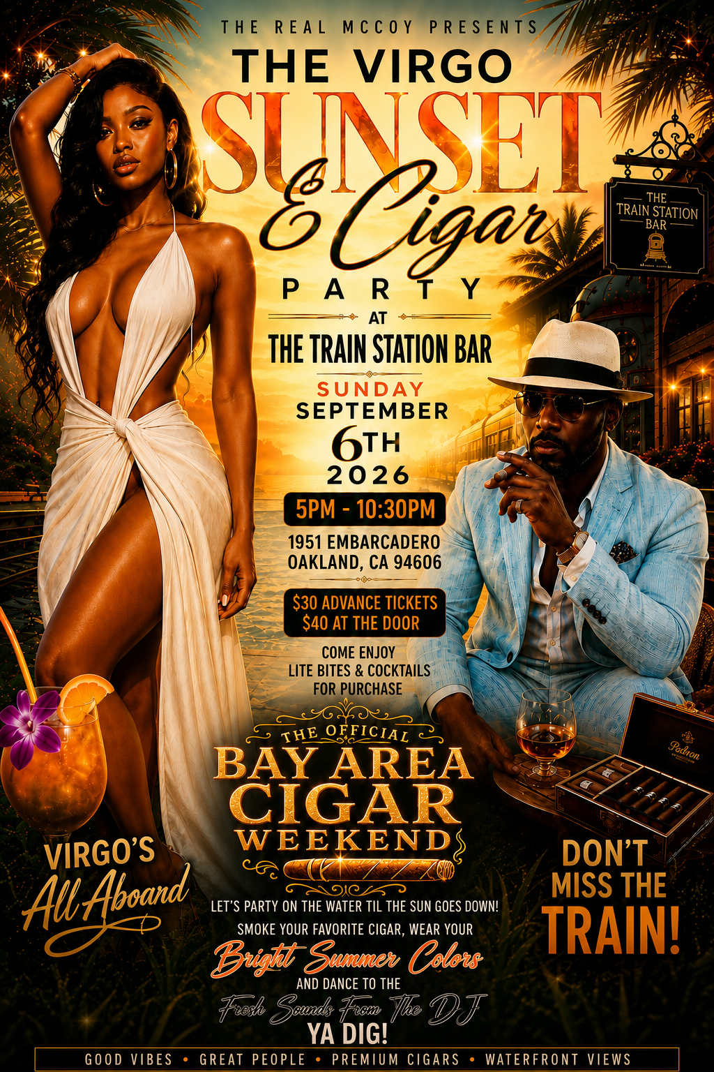 The Virgo Sunset & Cigar Party at The Train Station Bar — Sunday September 6, 2026, 5PM–10:30PM